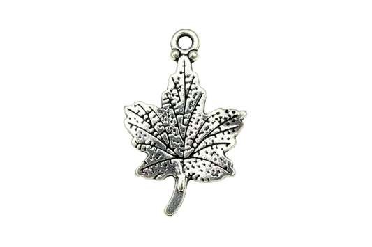 Oxidized silver maple leaf charm with textured veins and stem