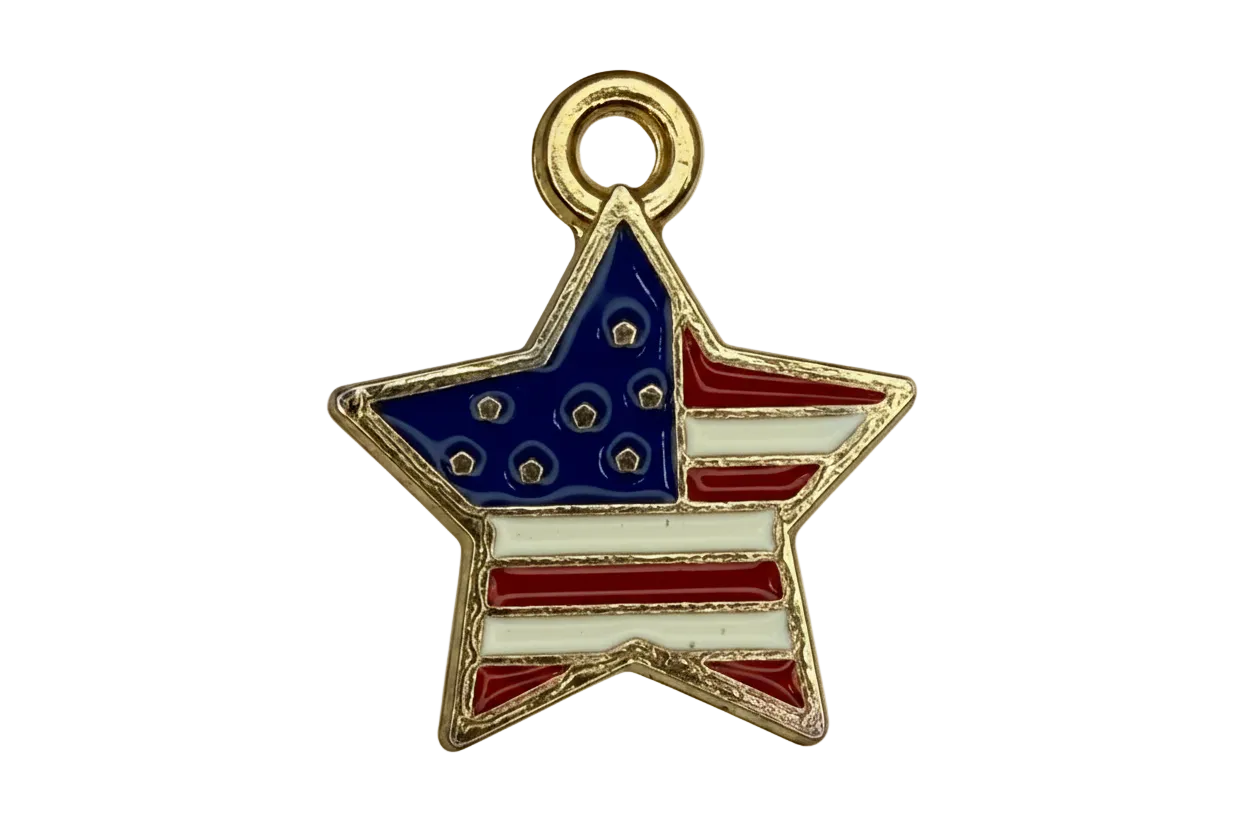 Gold-edged star with red, white, and blue flag-inspired enamel design