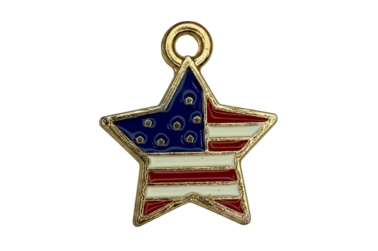 Gold-edged star with red, white, and blue flag-inspired enamel design
