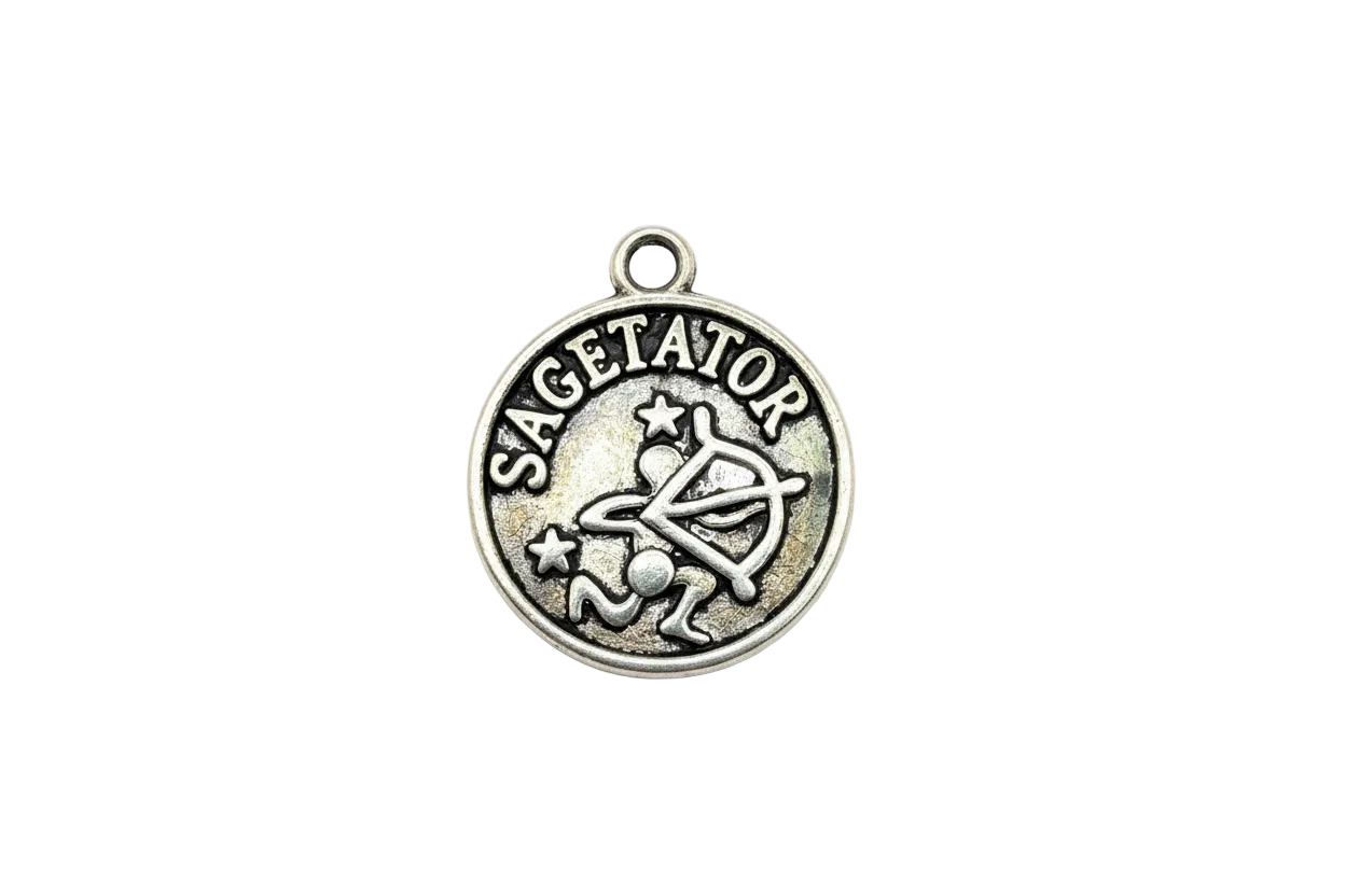 Round antiqued silver Sagittarius zodiac medallion with raised archer symbol, stars, and lettering