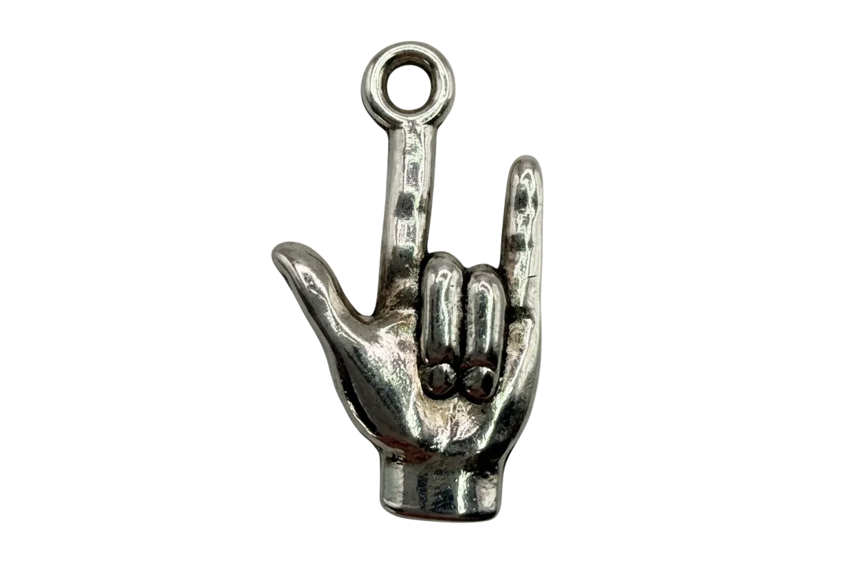 Silver-toned rock hand sign pendant with polished metal finish