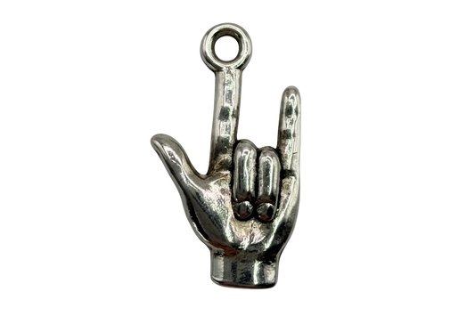 Silver-toned rock hand sign pendant with polished metal finish