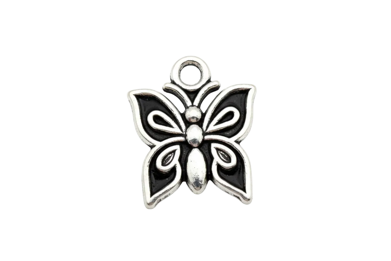 Oxidized silver butterfly charm with raised sculpted detailing and antiqued finish