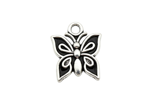 Oxidized silver butterfly charm with raised sculpted detailing and antiqued finish