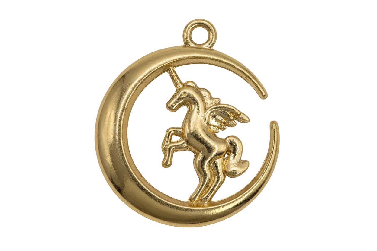 Polished gold winged unicorn inside an open crescent moon medallion
