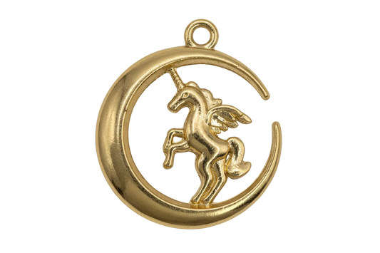 Polished gold winged unicorn inside an open crescent moon medallion