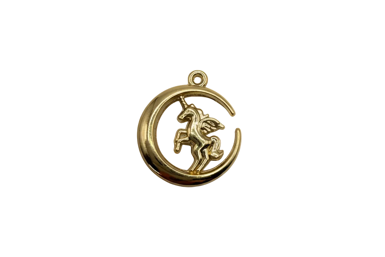 Gold winged unicorn in an open crescent moon