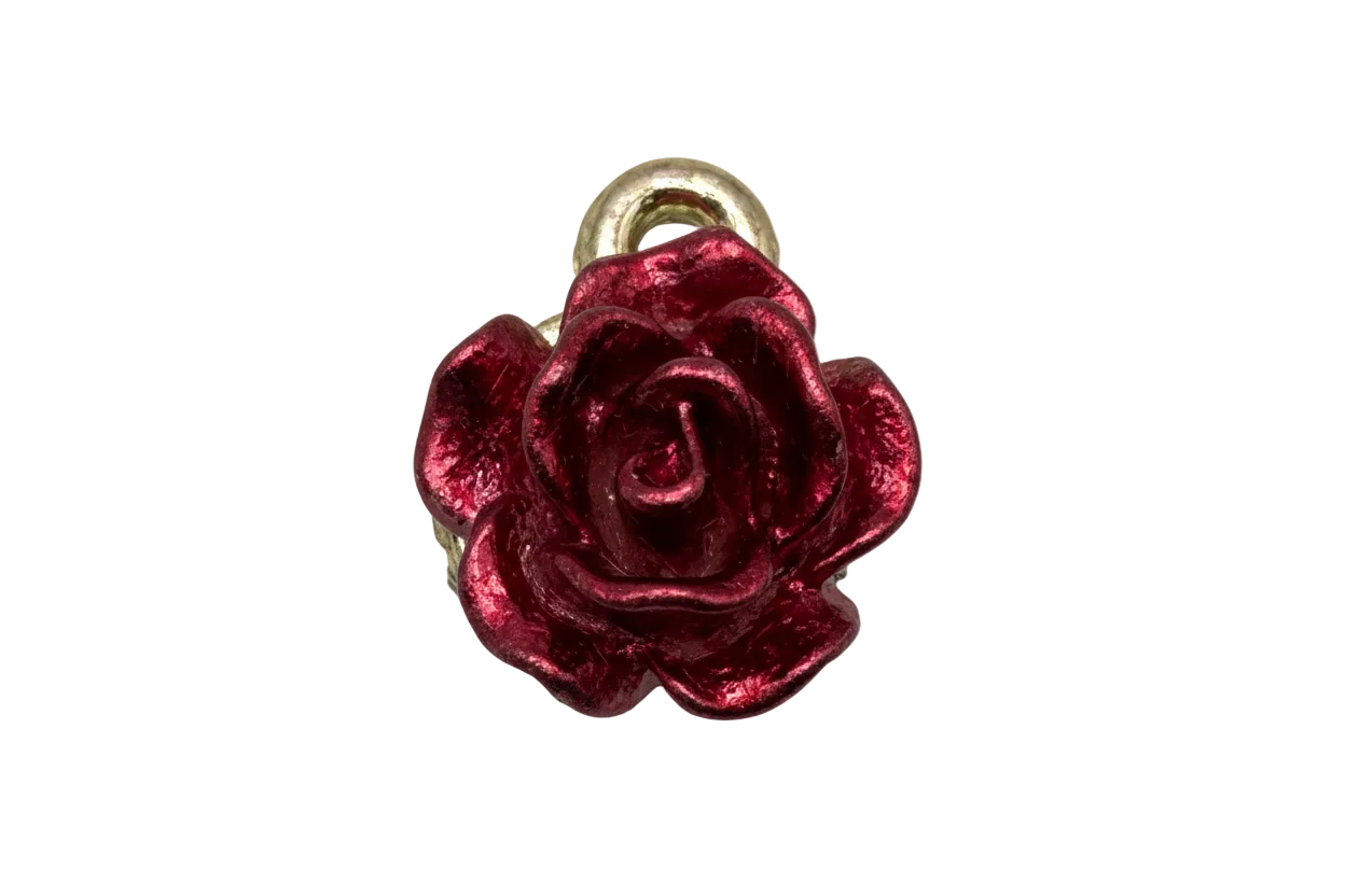 Burgundy rose bloom charm with glossy finish and gold-toned top