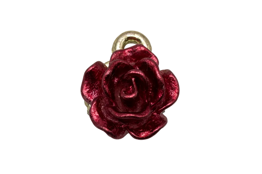 Burgundy rose bloom charm with glossy finish and gold-toned top