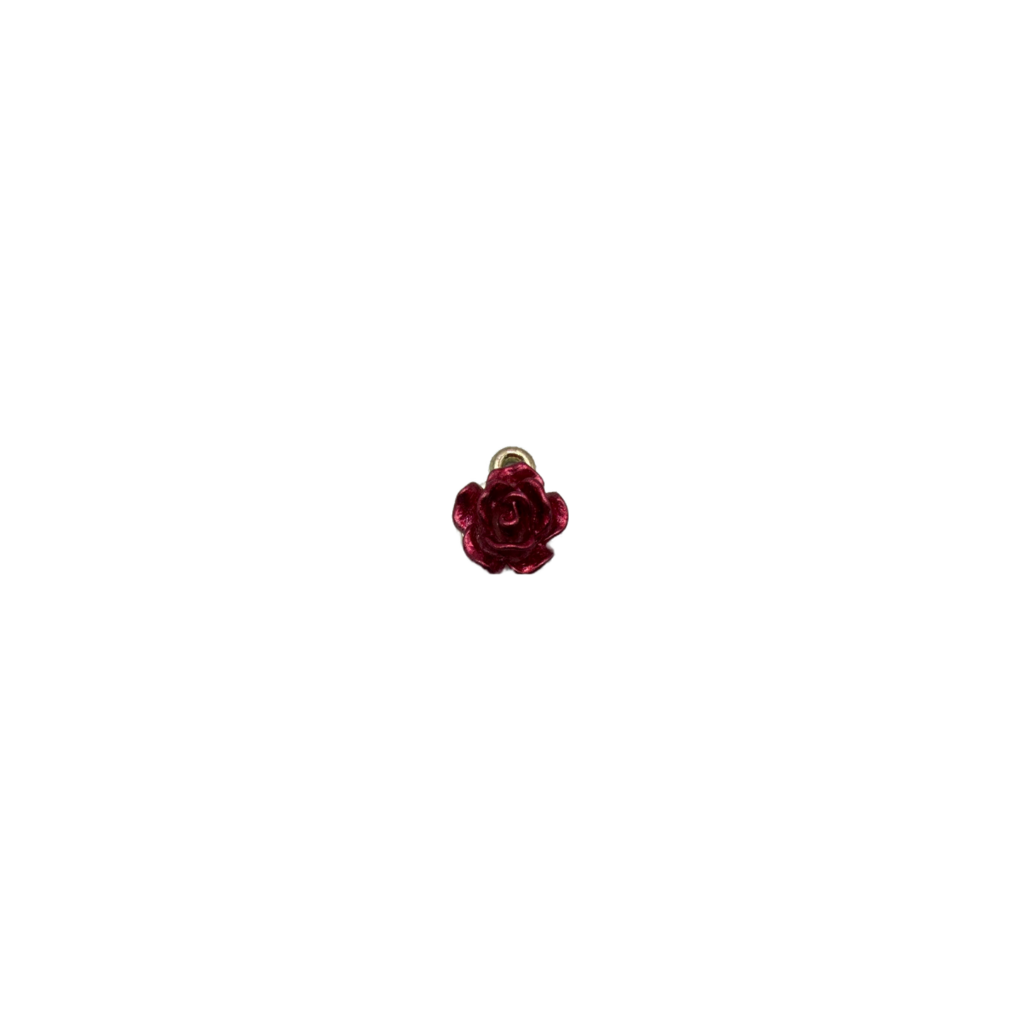 Glossy burgundy rose bloom with gold-toned top