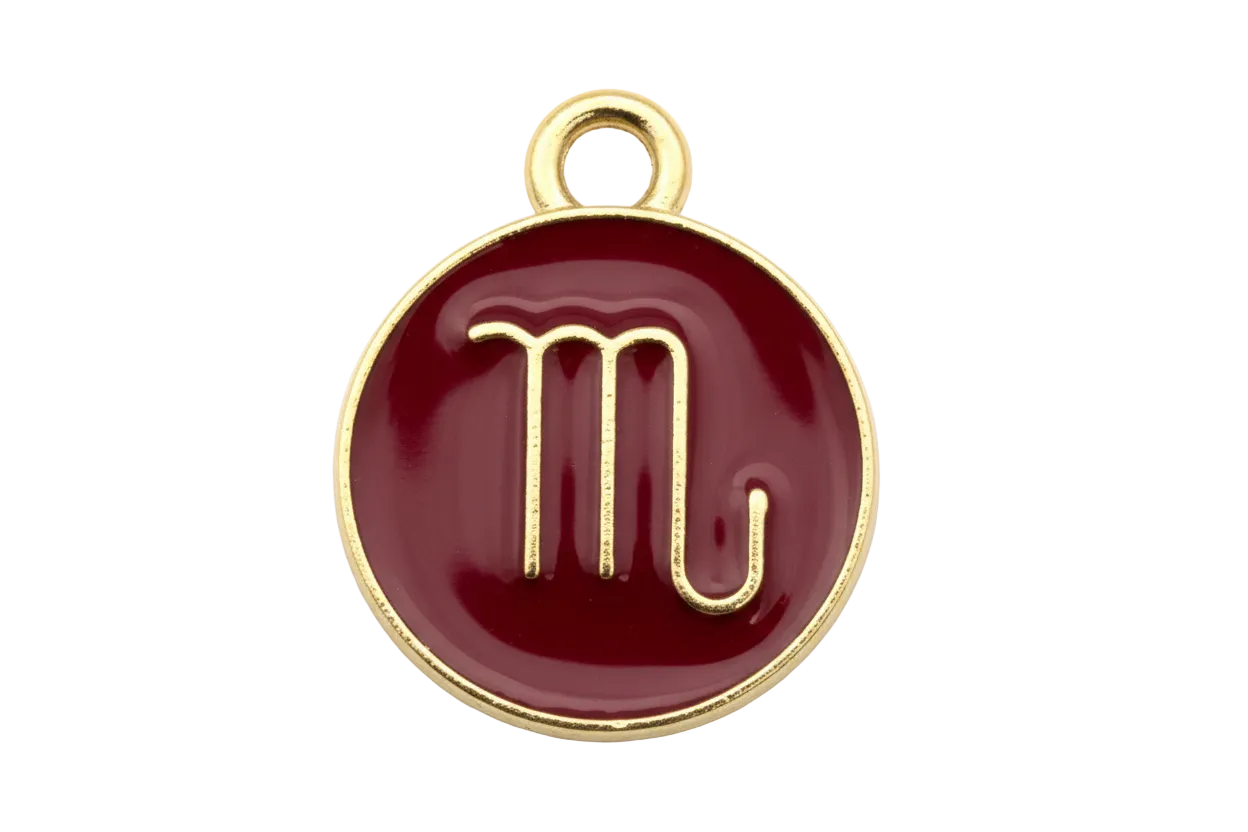 Round deep red enamel Scorpio zodiac coin with gold symbol and border