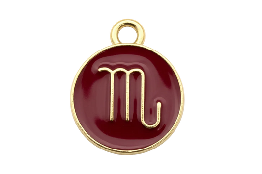 Round deep red enamel Scorpio zodiac coin with gold symbol and border