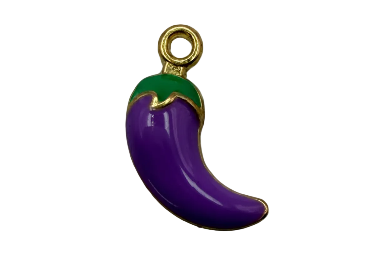Glossy purple chili pepper charm with green top and gold-tone outline