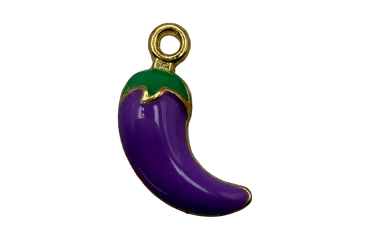 Glossy purple chili pepper charm with green top and gold-tone outline