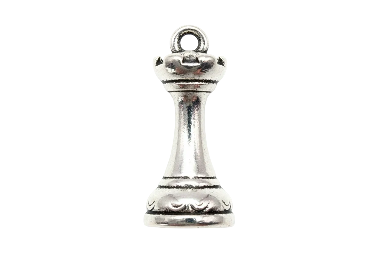 Polished silver chess queen figurine charm with high-shine finish on black background