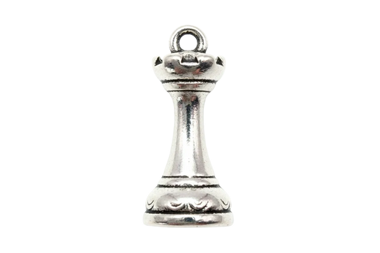 Polished silver chess queen figurine charm with high-shine finish on black background