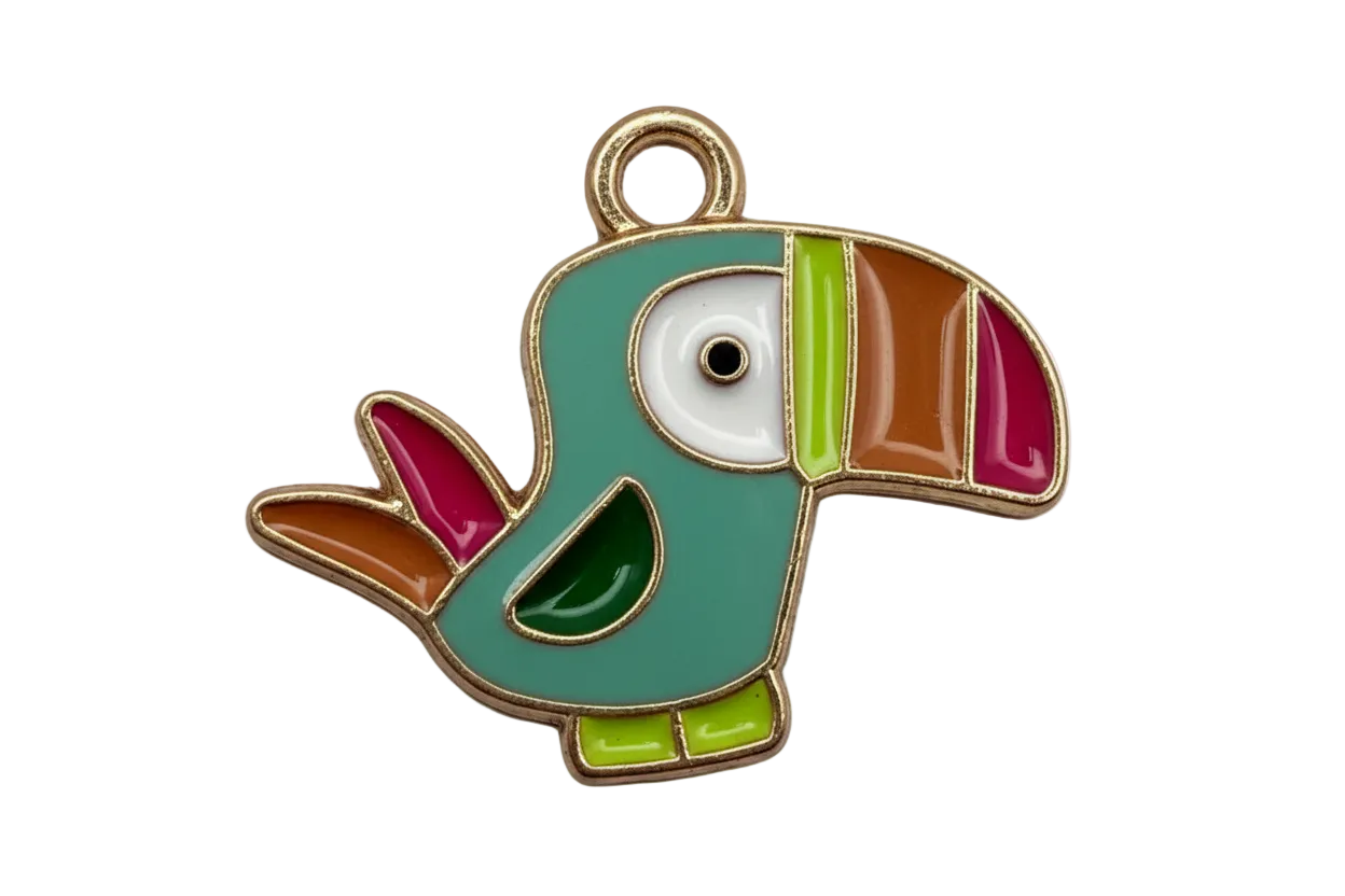 Glossy teal toucan bird enamel charm with gold outline, multicolor beak, and lime green feet
