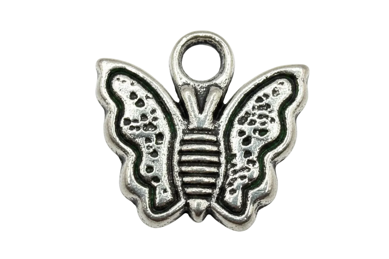 Antiqued silver butterfly charm with dotted textured wings and ridged body