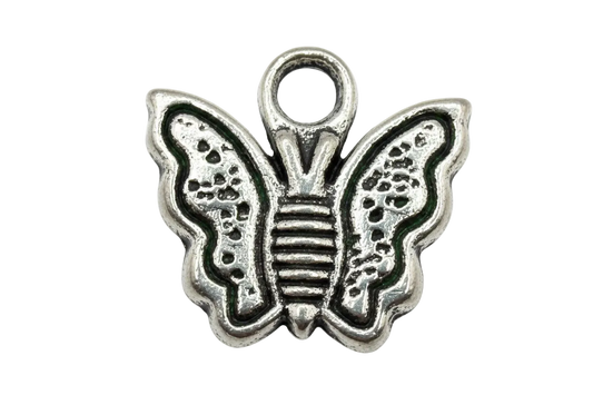Antiqued silver butterfly charm with dotted textured wings and ridged body