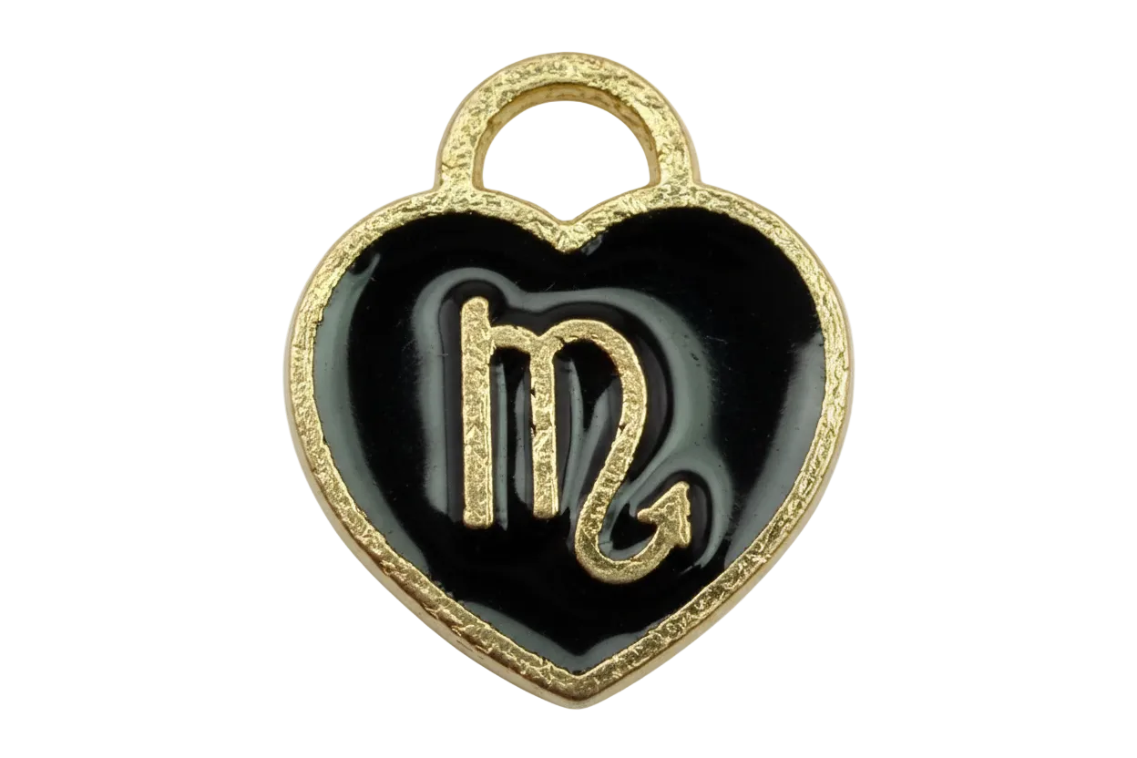 Black enamel heart with gold Virgo glyph and clear gem accent
