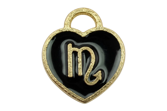 Black enamel heart with gold Virgo glyph and clear gem accent