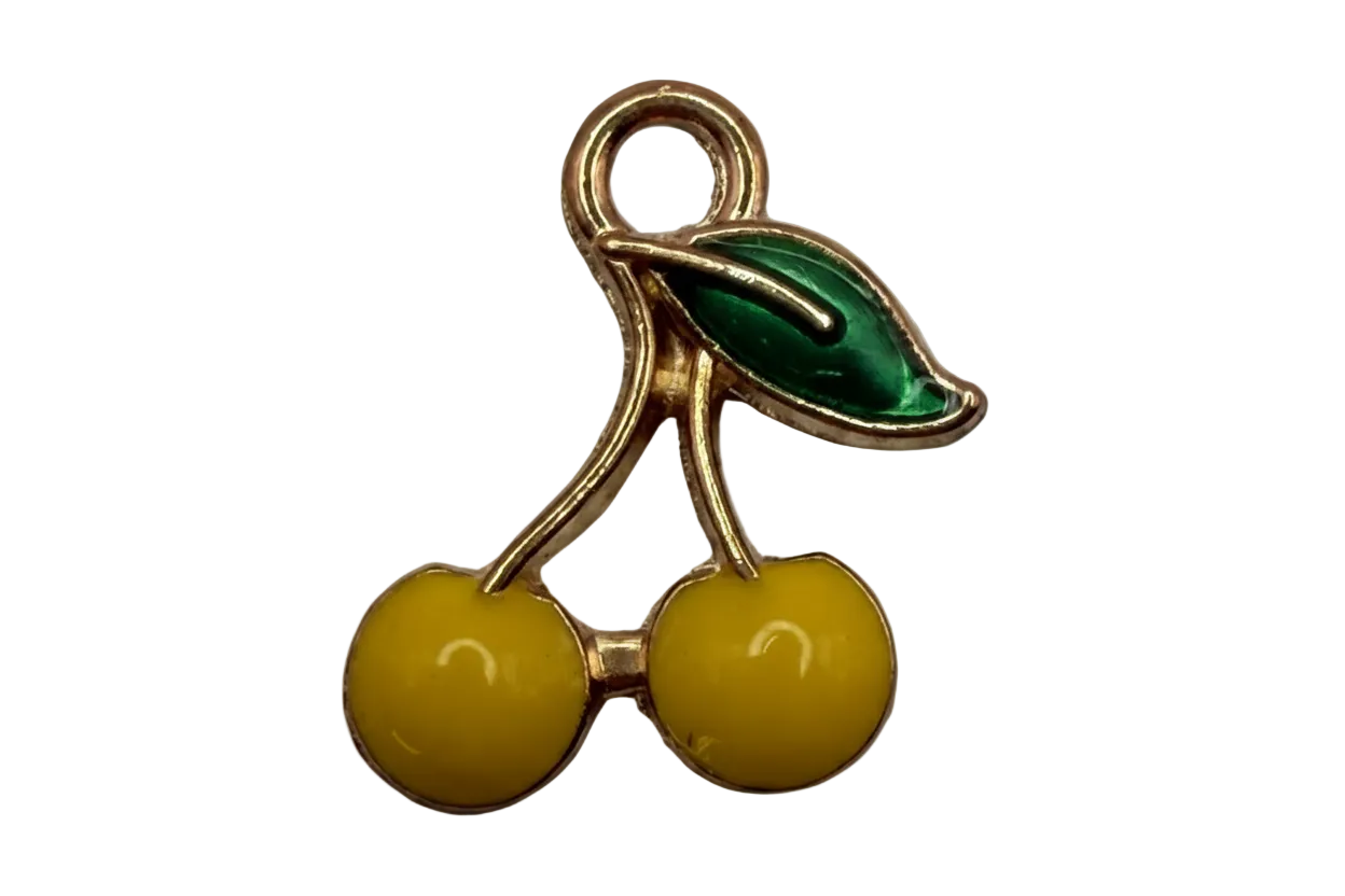 Gold cherry pair with glossy yellow enamel fruit and green leaf