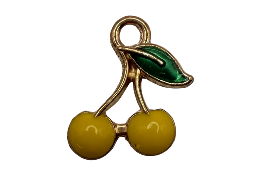 Gold cherry pair with glossy yellow enamel fruit and green leaf