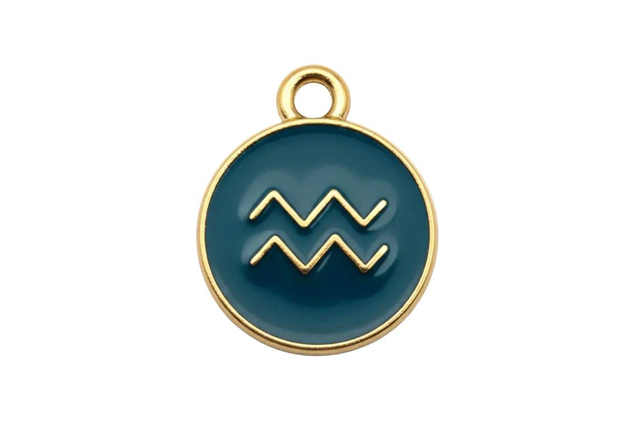 Round navy enamel disc with raised gold Aquarius wave symbol and polished gold border