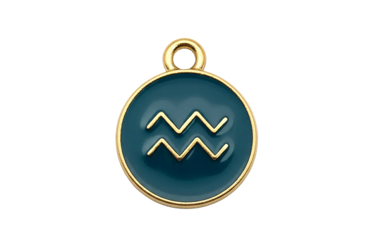Round navy enamel disc with raised gold Aquarius wave symbol and polished gold border