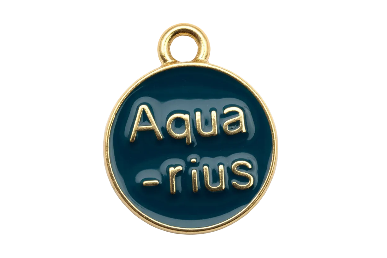 Round navy enamel Aquarius zodiac medallion with raised gold lettering and gold rim