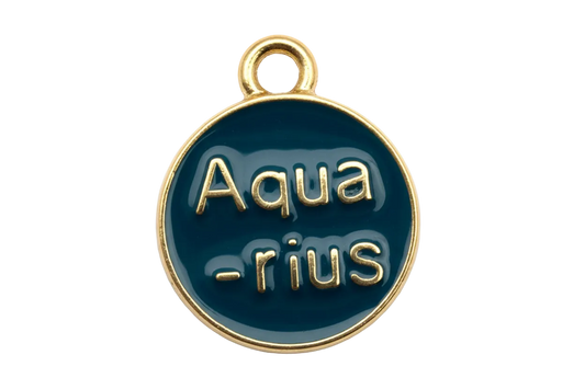 Round navy enamel Aquarius zodiac medallion with raised gold lettering and gold rim