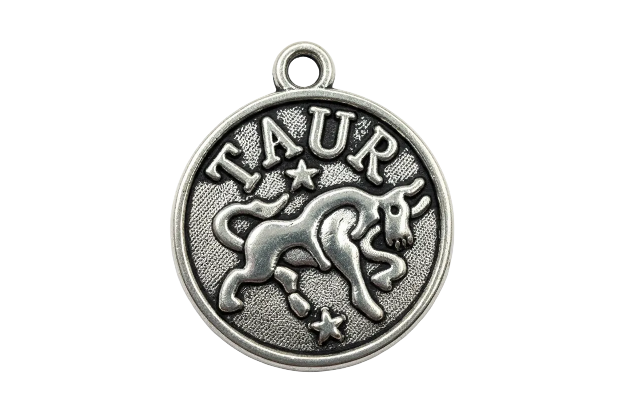 Antiqued silver round Taurus bull medallion with raised lettering and star details