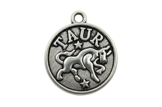 Antiqued silver round Taurus bull medallion with raised lettering and star details