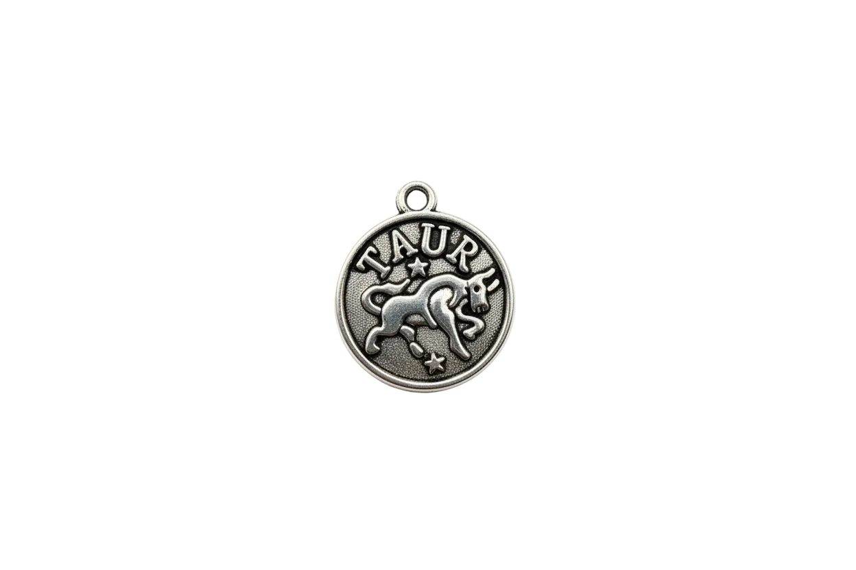 Antiqued silver Taurus bull round medallion with stars