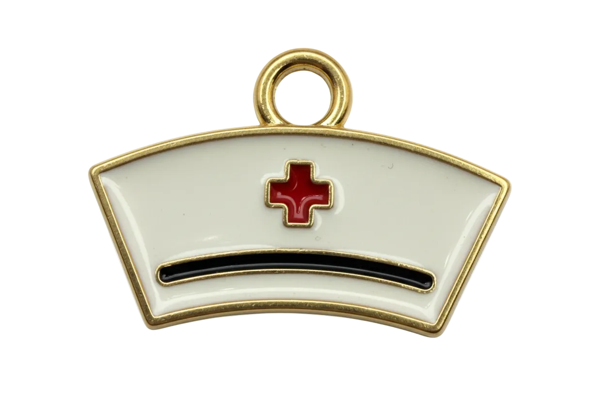 White nurse cap charm with red cross icon, black stripe, and gold trim