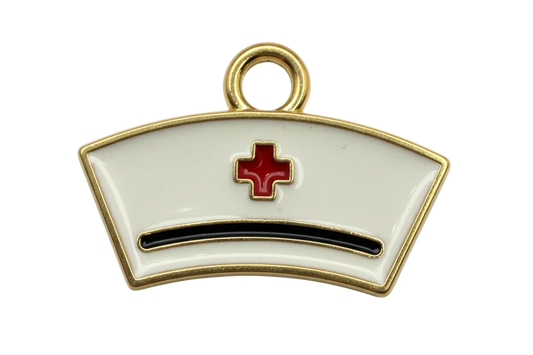 White nurse cap charm with red cross icon, black stripe, and gold trim
