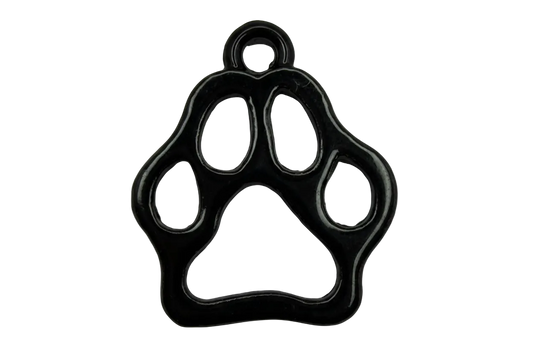 Glossy black paw print cutout charm with rounded toe pads and open center