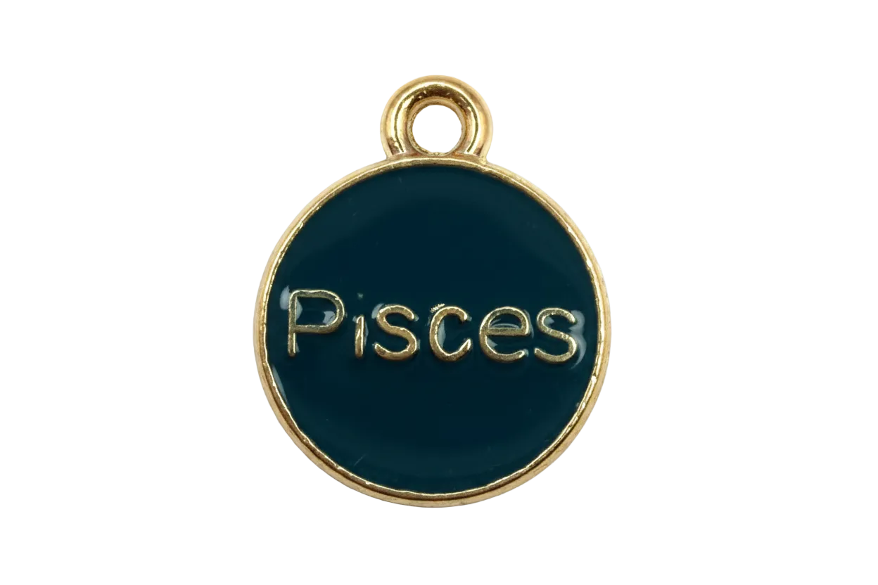 Round navy enamel Pisces zodiac disc with raised gold lettering and gold rim