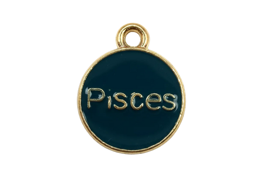 Round navy enamel Pisces zodiac disc with raised gold lettering and gold rim