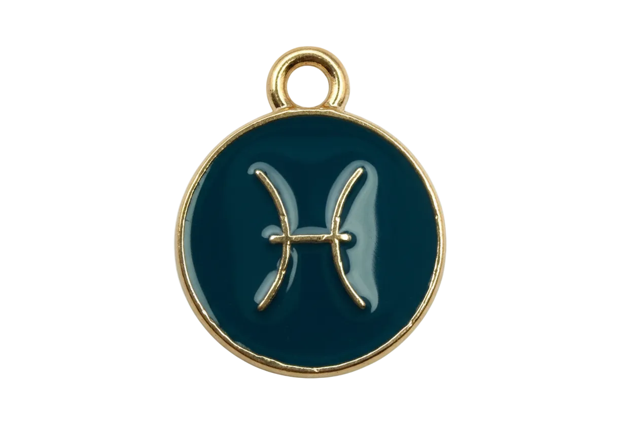Deep teal round Pisces zodiac coin with gold symbol and glossy finish