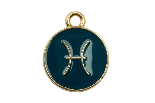 Deep teal round Pisces zodiac coin with gold symbol and glossy finish
