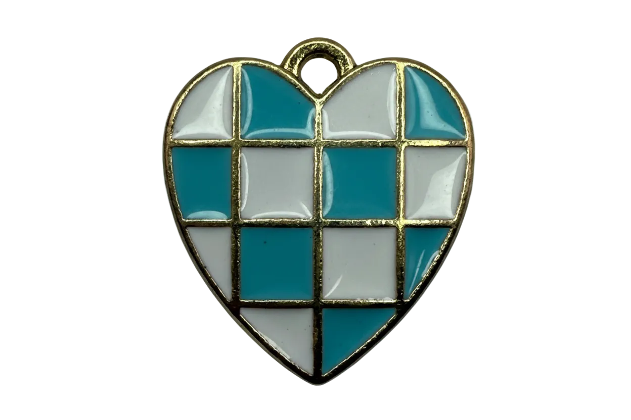 Gold-framed heart with teal and white checkerboard enamel