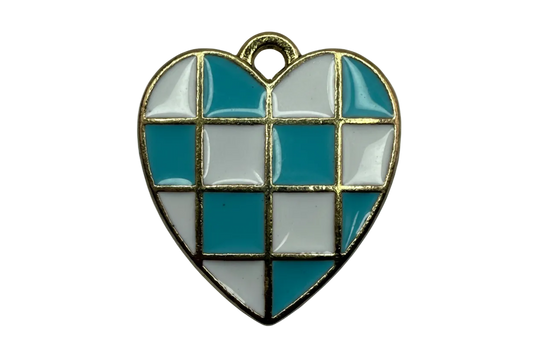 Gold-framed heart with teal and white checkerboard enamel