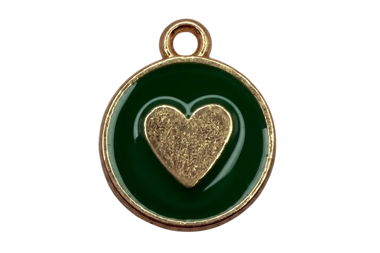 Round gold medallion with deep green enamel and a raised gold heart center