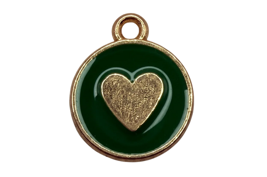 Round gold medallion with deep green enamel and a raised gold heart center