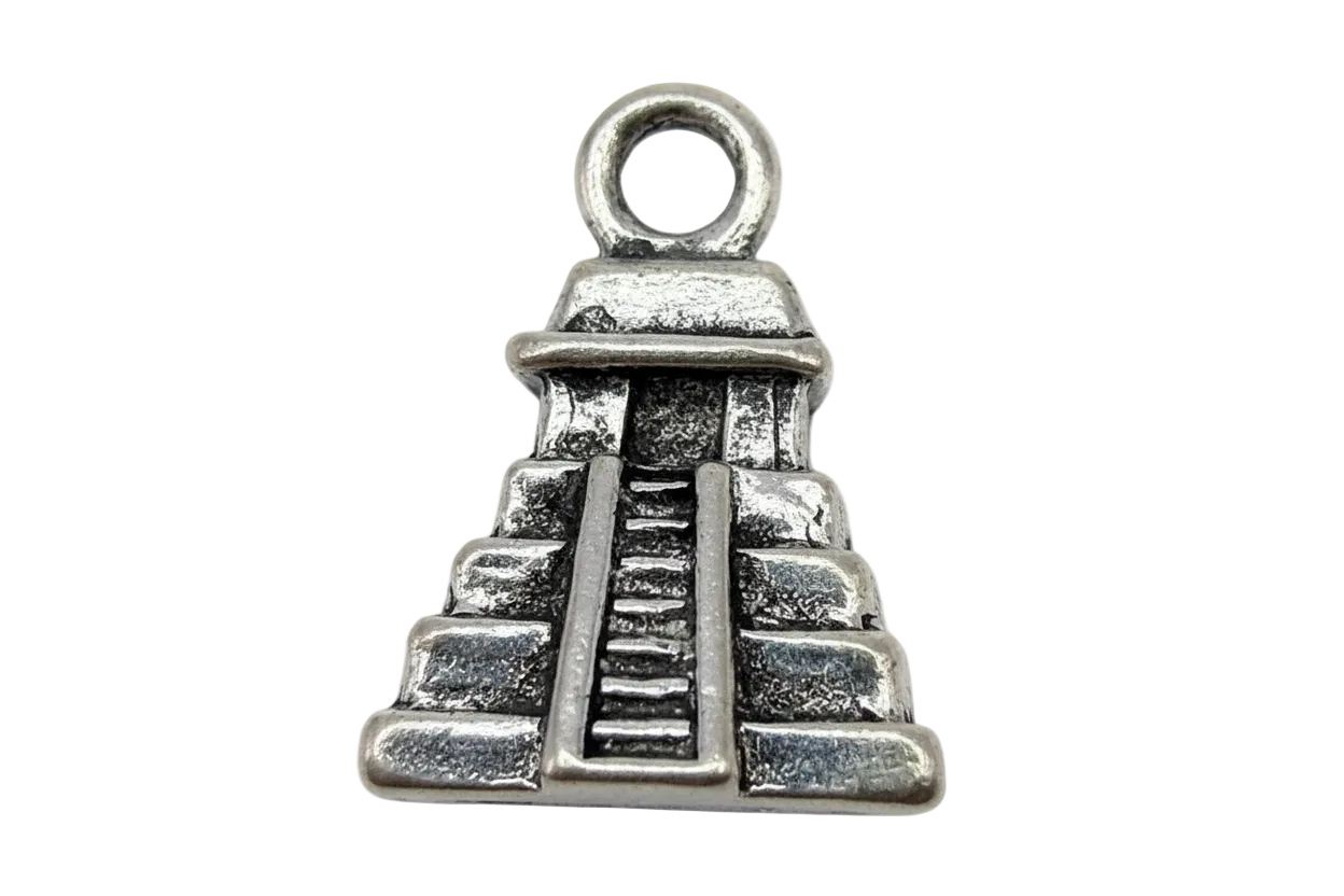 Antiqued silver step pyramid with raised stairway and textured blocks