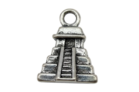 Antiqued silver step pyramid with raised stairway and textured blocks