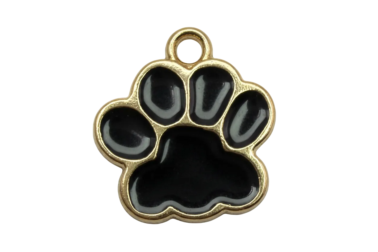 Gold-framed paw print charm with glossy black inlay