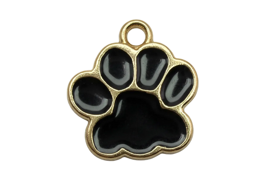 Gold-framed paw print charm with glossy black inlay