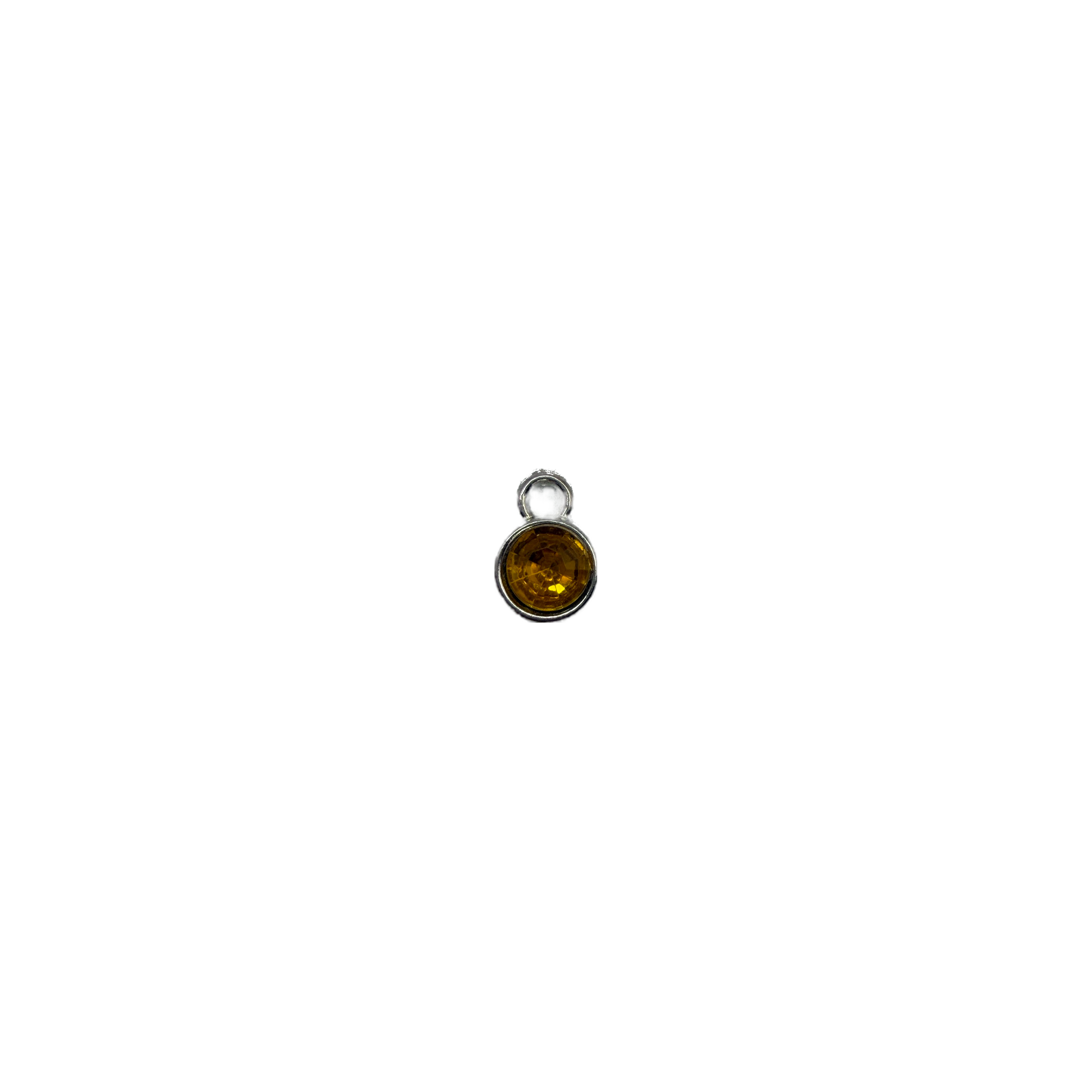 Faceted amber-yellow round gem in silver frame